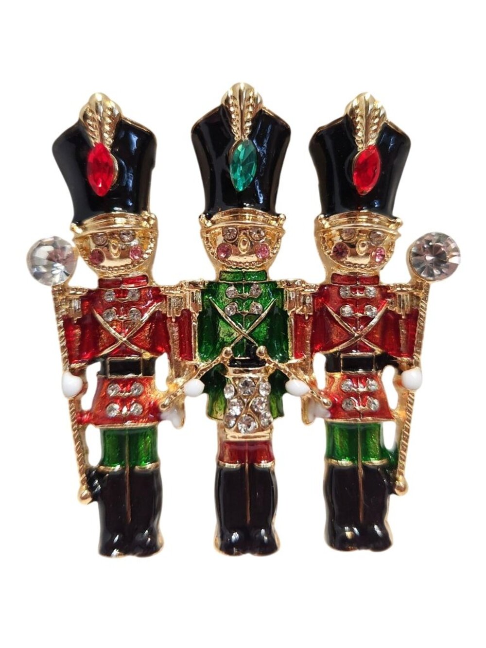 Nutcracker Soldier Rhinestone Brooch With Red Green Enamel Gold Tone Finish